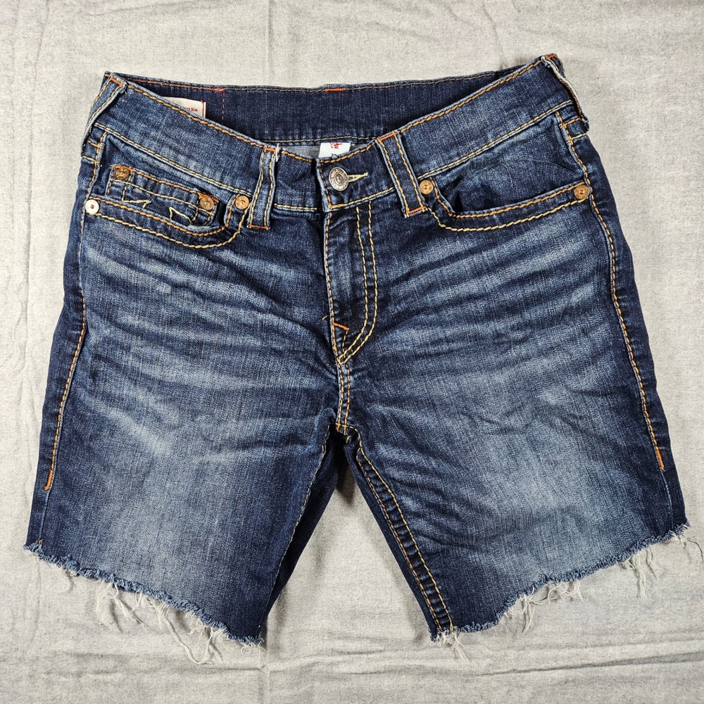 True Religion Geno Relaxed Slim Dark Wash Denim Cut Off Shorts Size 32